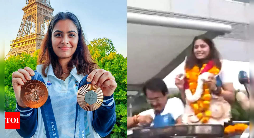 Manu Bhaker: Manu Bhaker arrives home to heroic welcome after historic feat at Paris Olympics - Watch | Paris Olympics 2024 News